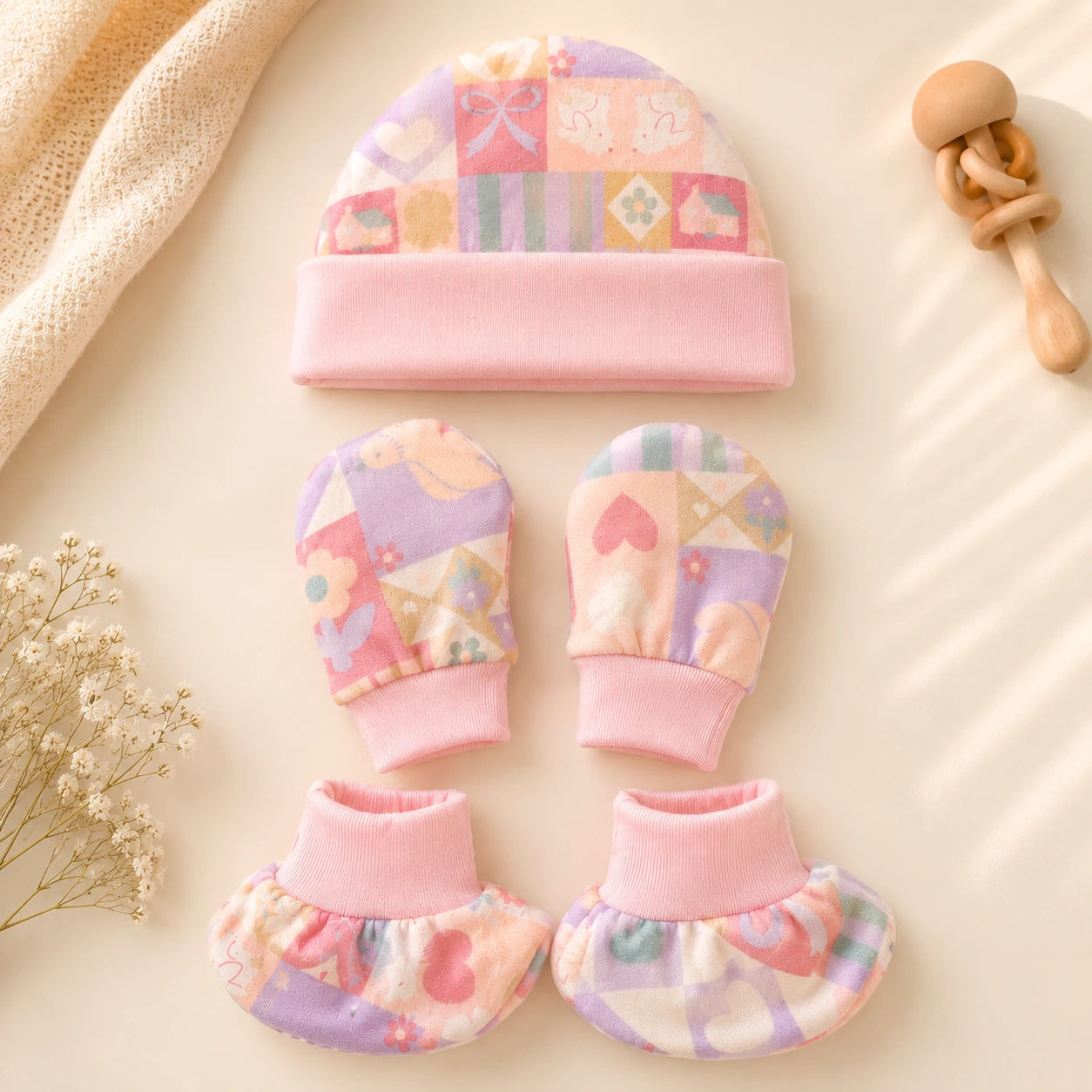 🧸 Cap, Mitten & Booties Set NB & 0-3 Month - Pink