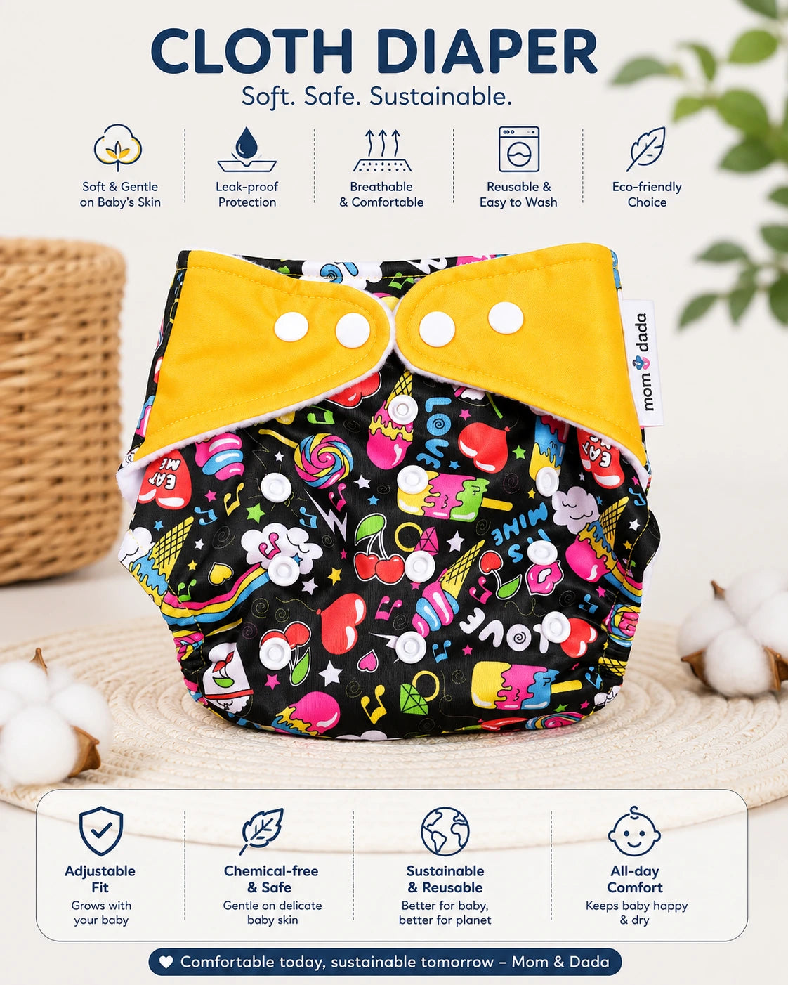 Reusable Cloth Diaper with free Insert Pad- Ice Print