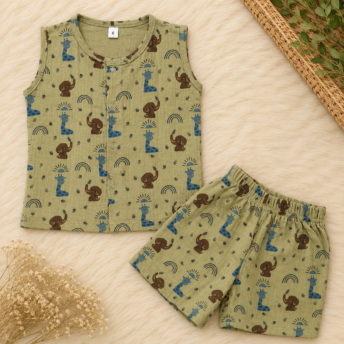 Muslin Sleeveless Colour Co-ord Set - Elephant Print