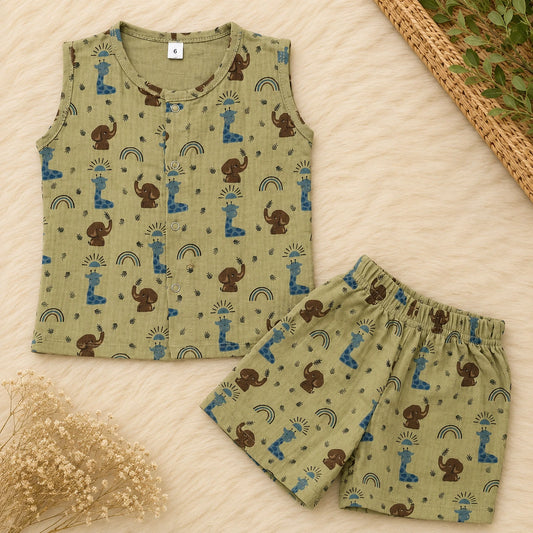 Muslin Sleeveless Colour Co-ord Set - Elephant Print