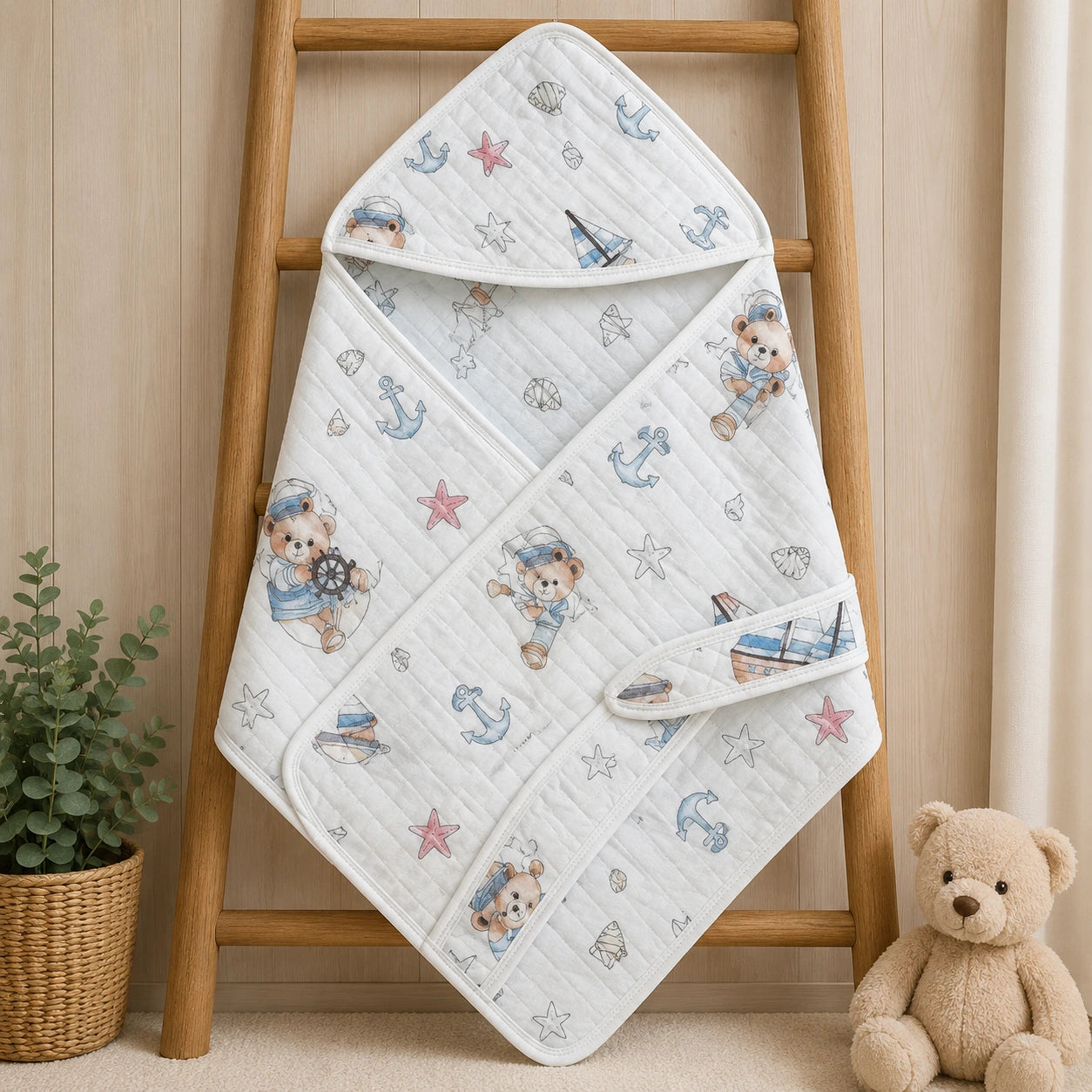 Muslin 2 Layer Crinkled Hooded Towel with Wrapper - Anchor