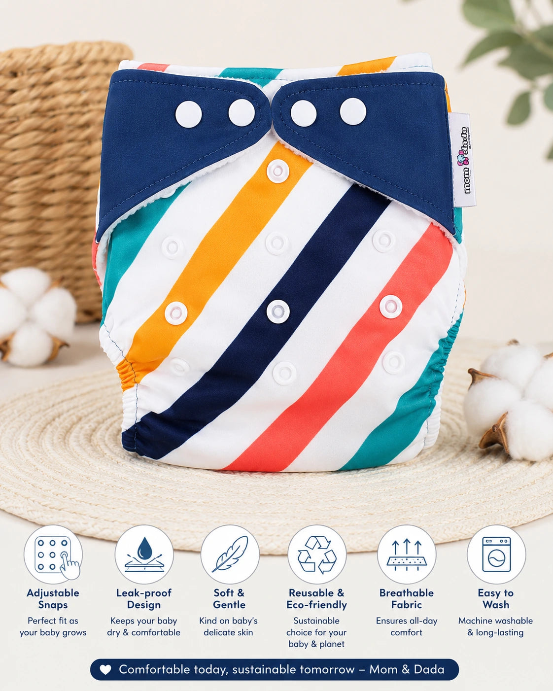 Reusable Cloth Diaper with free Insert Pad- Colour Line Print