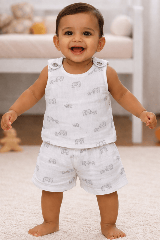 Double Layer Muslin Vest and Trouser Set - Elephant Print - momndada