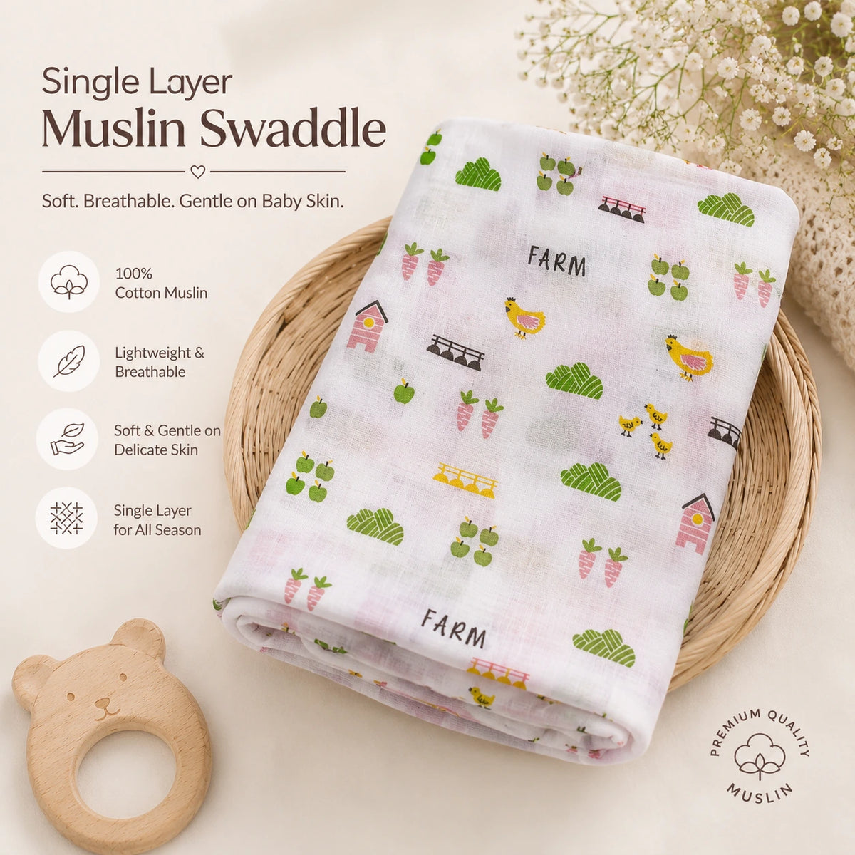 Muslin Swaddle - Farm Print