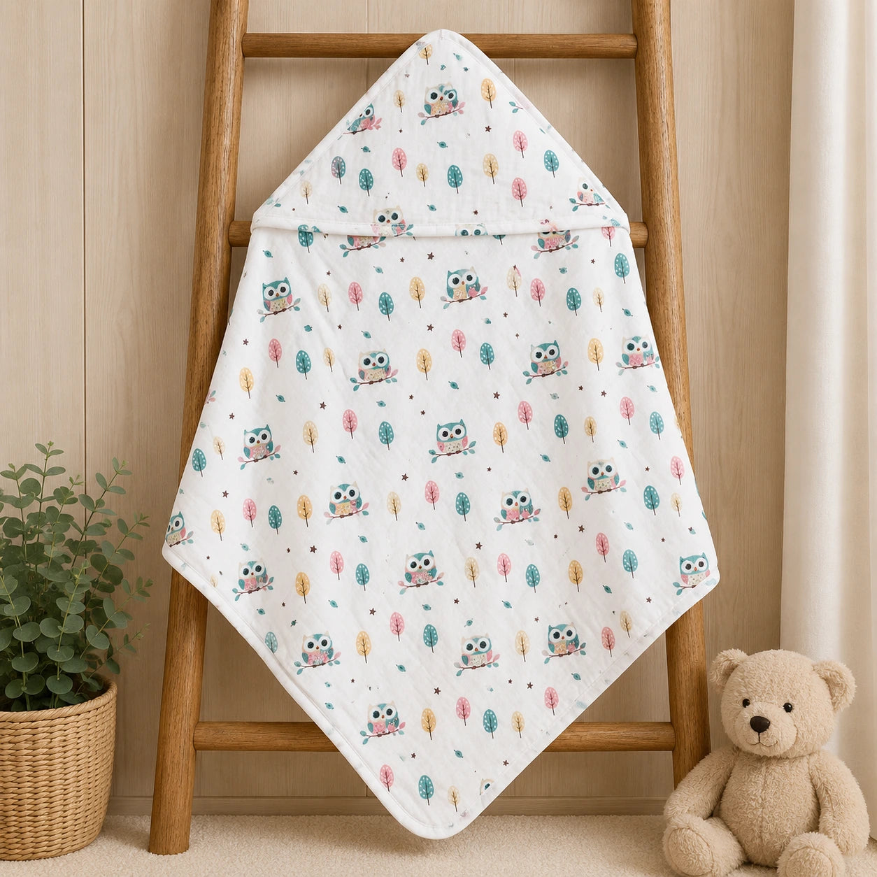 Double Layer Muslin Hooded  Towel  - owl Print