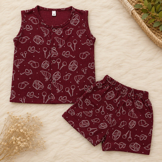 Muslin Sleeveless Colour Co-ord Set - Maroon colour