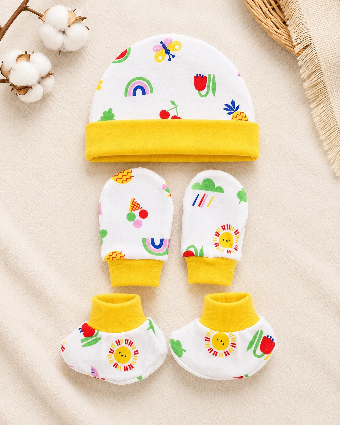 🧸 Cap, Mitten & Booties Set NB & 0-3 Month - Yellow