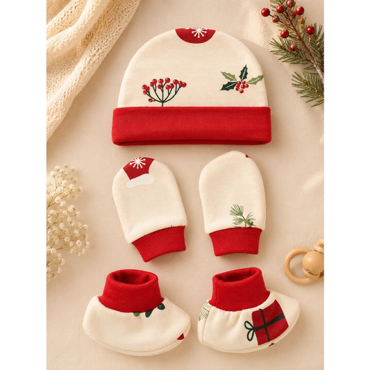 🧸 Cap, Mitten & Booties Set NB & 0-3 Month - Red
