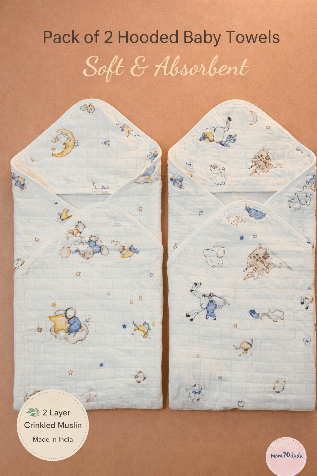 Muslin 2 Layer Crinkled Hooded Towel - Pack of 2 (Assorted) - momndada