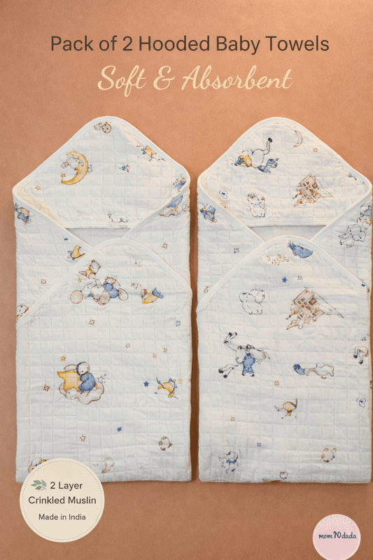 Muslin 2 Layer Crinkled Hooded Towel - Pack of 2 (Assorted) - momndada