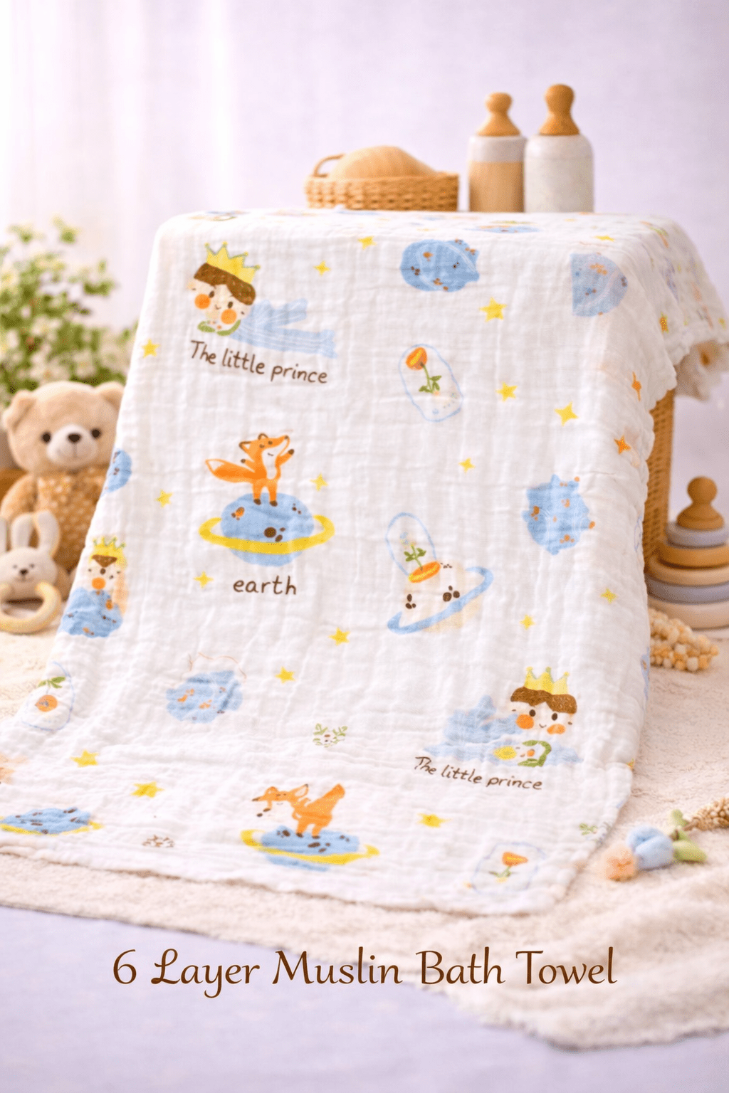 Muslin 6 Layer Crinkled Bathtowel - Little Prince Print - momndada