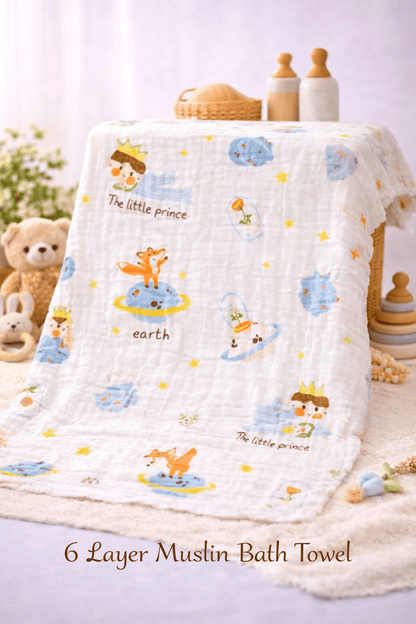 Muslin 6 Layer Crinkled Bathtowel - Little Prince Print - momndada