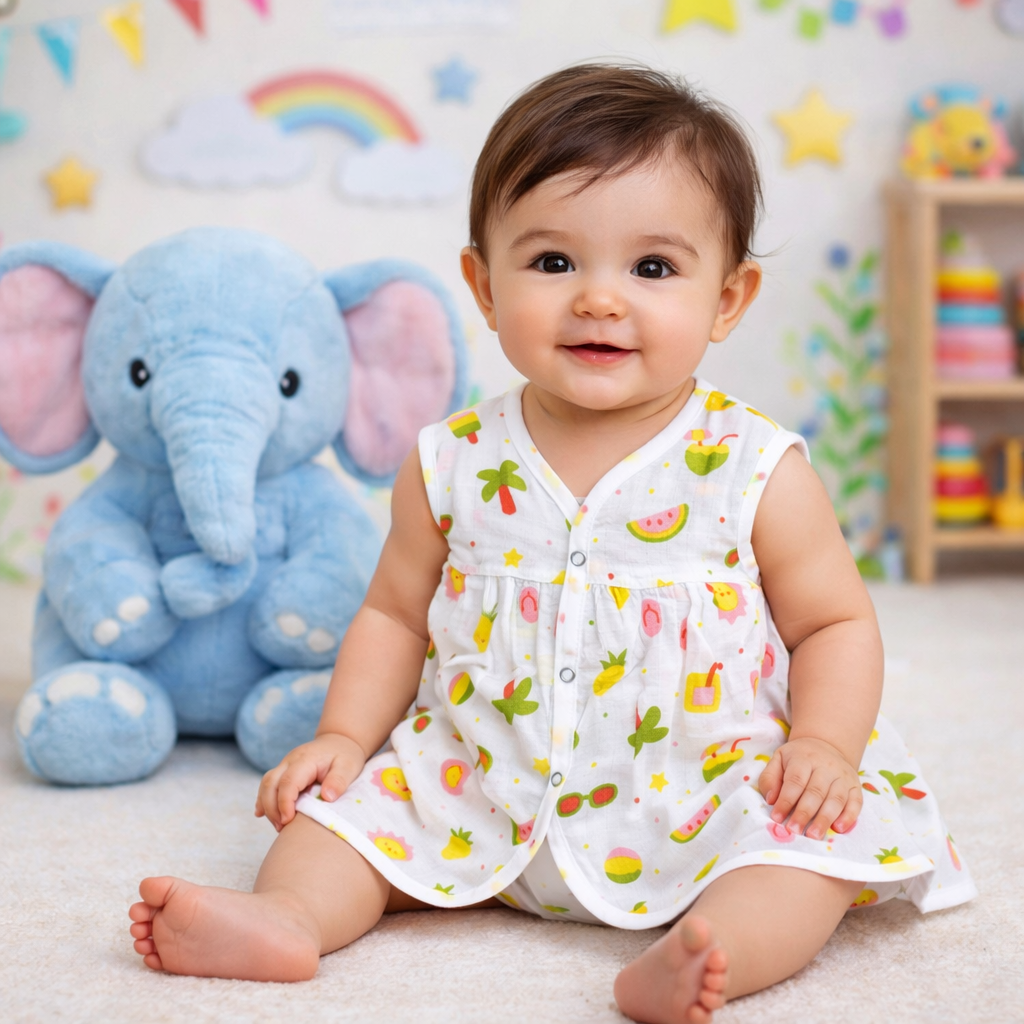 Muslin Chest Cut Frock - Coconut Tree Print - momndada