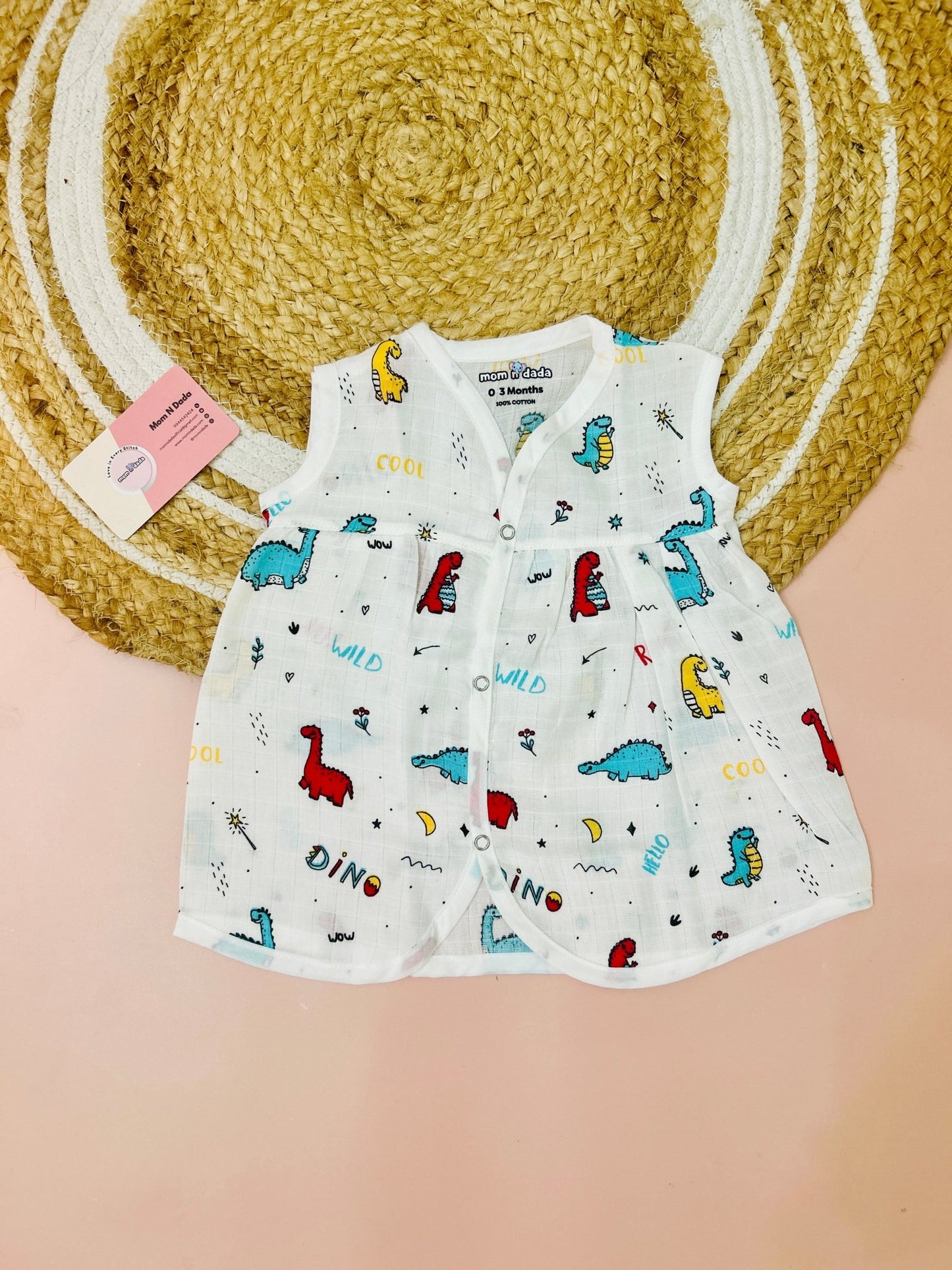 Muslin Chest Cut Frock - Dino Print - momndada