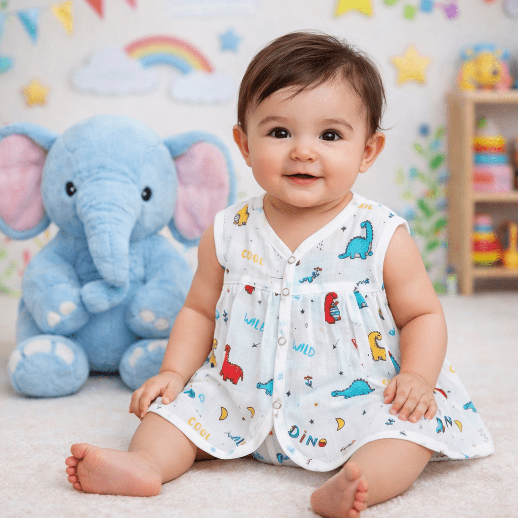 Muslin Chest Cut Frock - Dino Print - momndada
