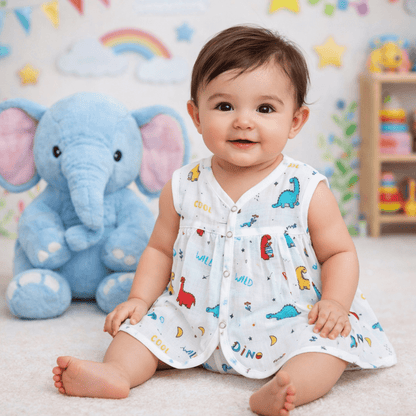 Muslin Chest Cut Frock - Dino Print - momndada