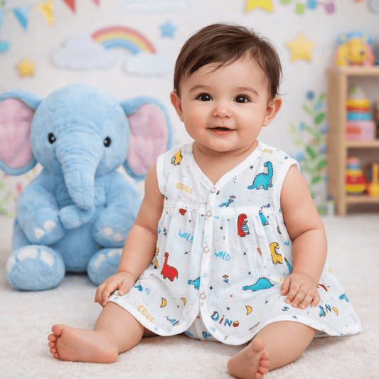 Muslin Chest Cut Frock - Dino Print - momndada