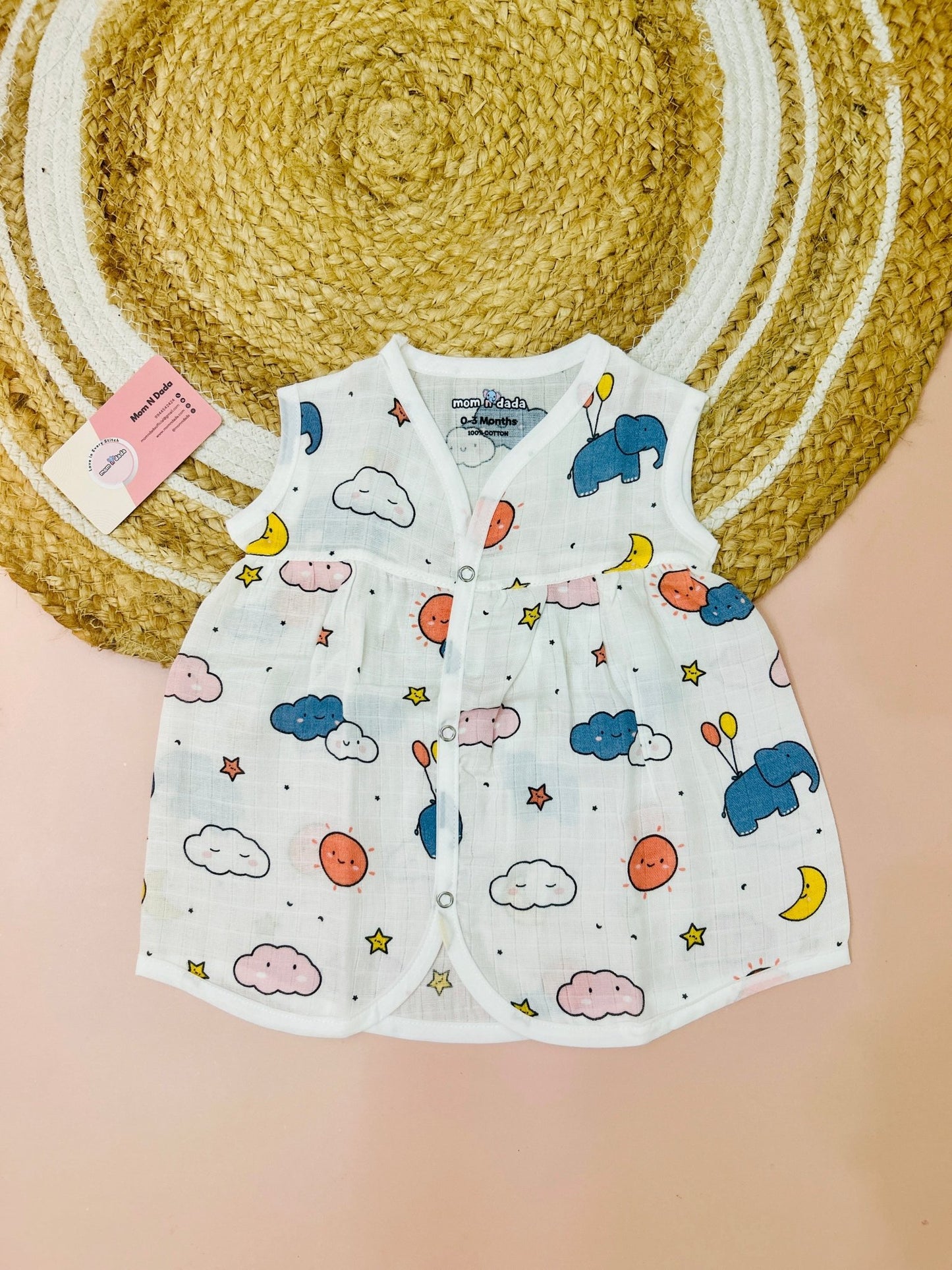 Muslin Chest Cut Frock - Elephant print - momndada