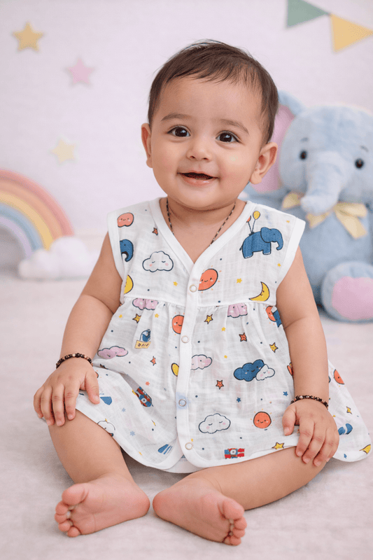 Muslin Chest Cut Frock - Elephant print - momndada