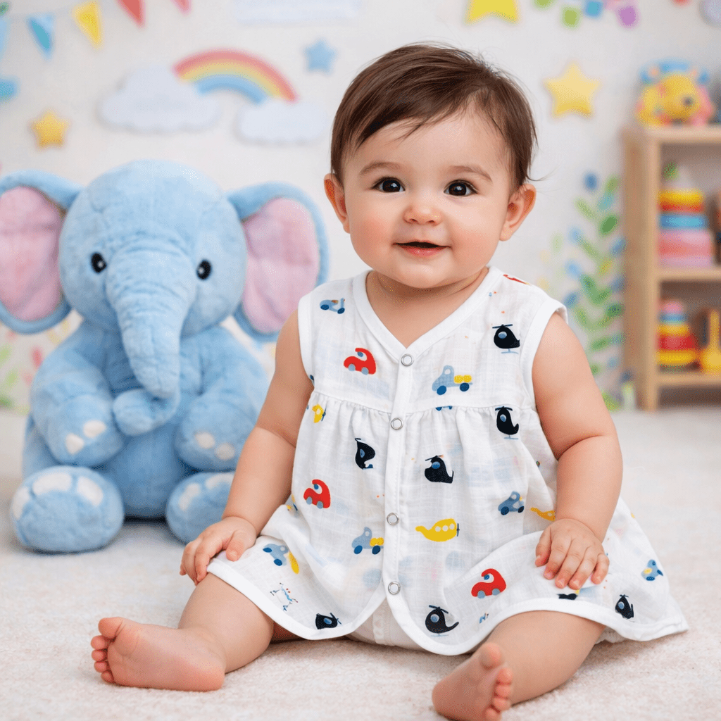 Muslin Chest Cut Frock - Helicopter Print - momndada