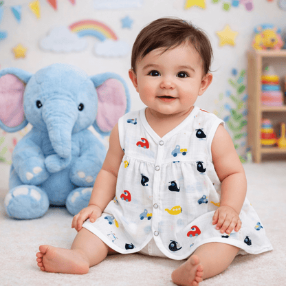 Muslin Chest Cut Frock - Helicopter Print - momndada