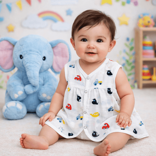 Muslin Chest Cut Frock - Helicopter Print - momndada