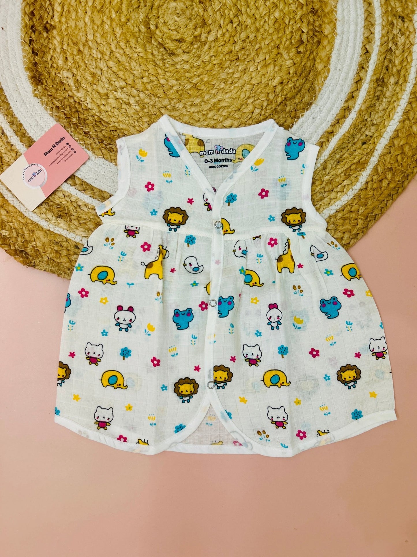 Muslin Chest Cut Frock - Kitty Print - momndada