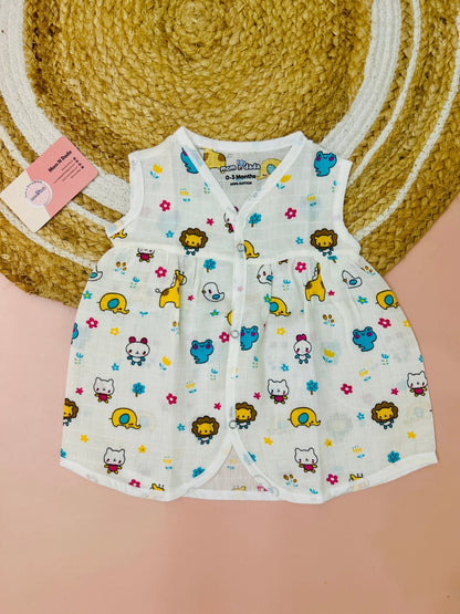 Muslin Chest Cut Frock - Kitty Print - momndada