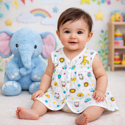 Muslin Chest Cut Frock - Kitty Print - momndada