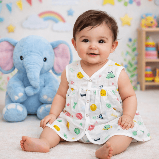 Muslin Chest Cut Frock - Planet Print - momndada