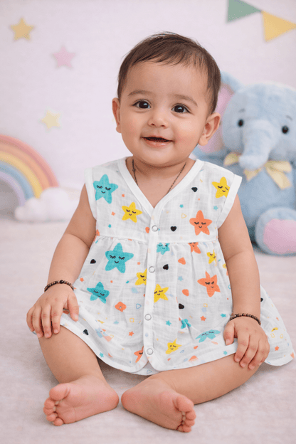 Muslin Chest Cut Frock - Star Print - momndada