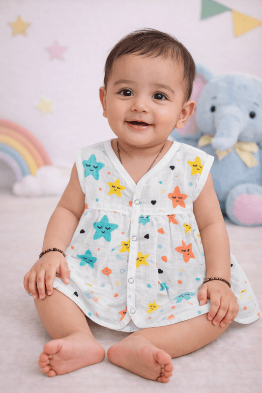 Muslin Chest Cut Frock - Star Print - momndada