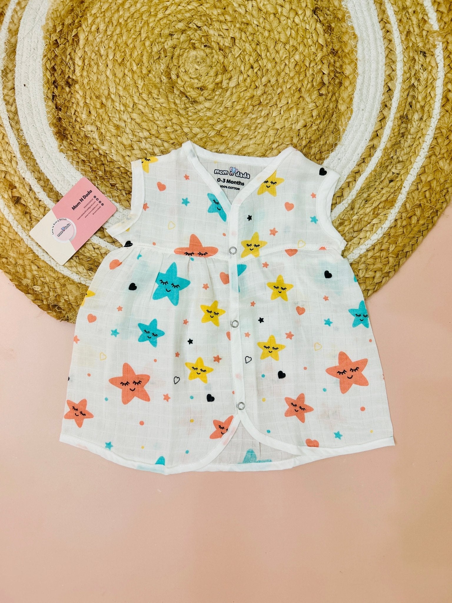 Muslin Chest Cut Frock - Star Print - momndada