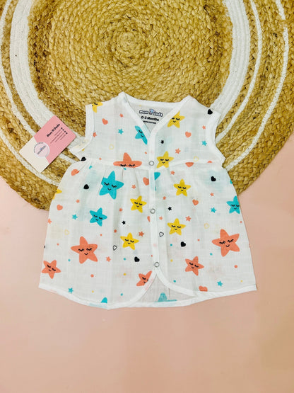 Muslin Chest Cut Frock - Star Print - momndada