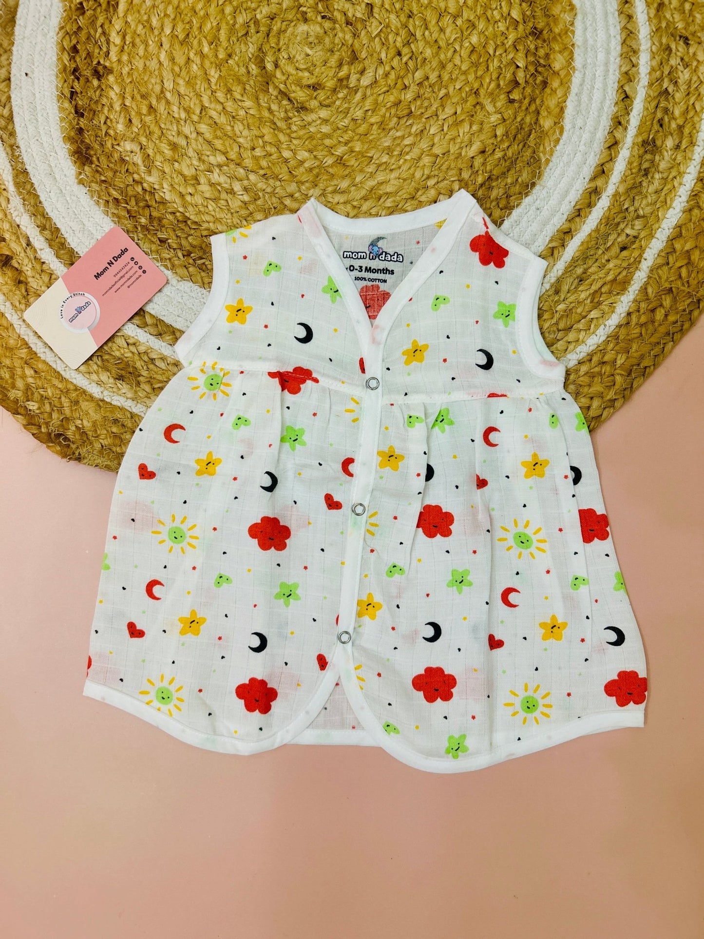 Muslin Chest Cut Frock - Sun & Moon Print - momndada
