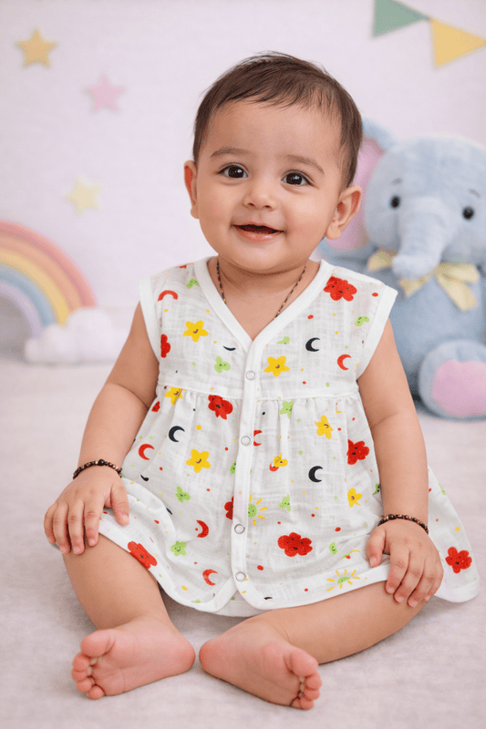 Muslin Chest Cut Frock - Sun & Moon Print - momndada