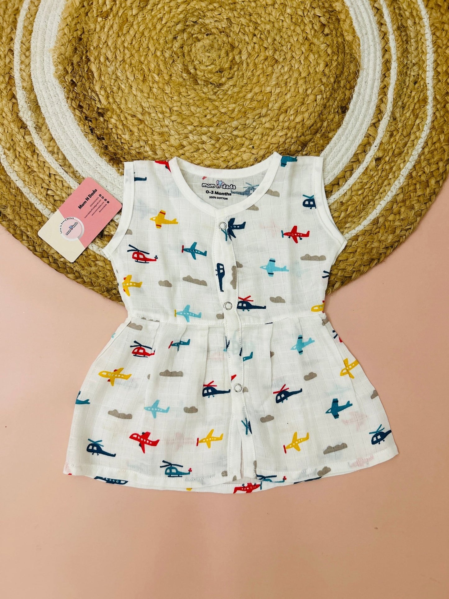 Muslin Front Open Frock - Aeroplane Print - momndada