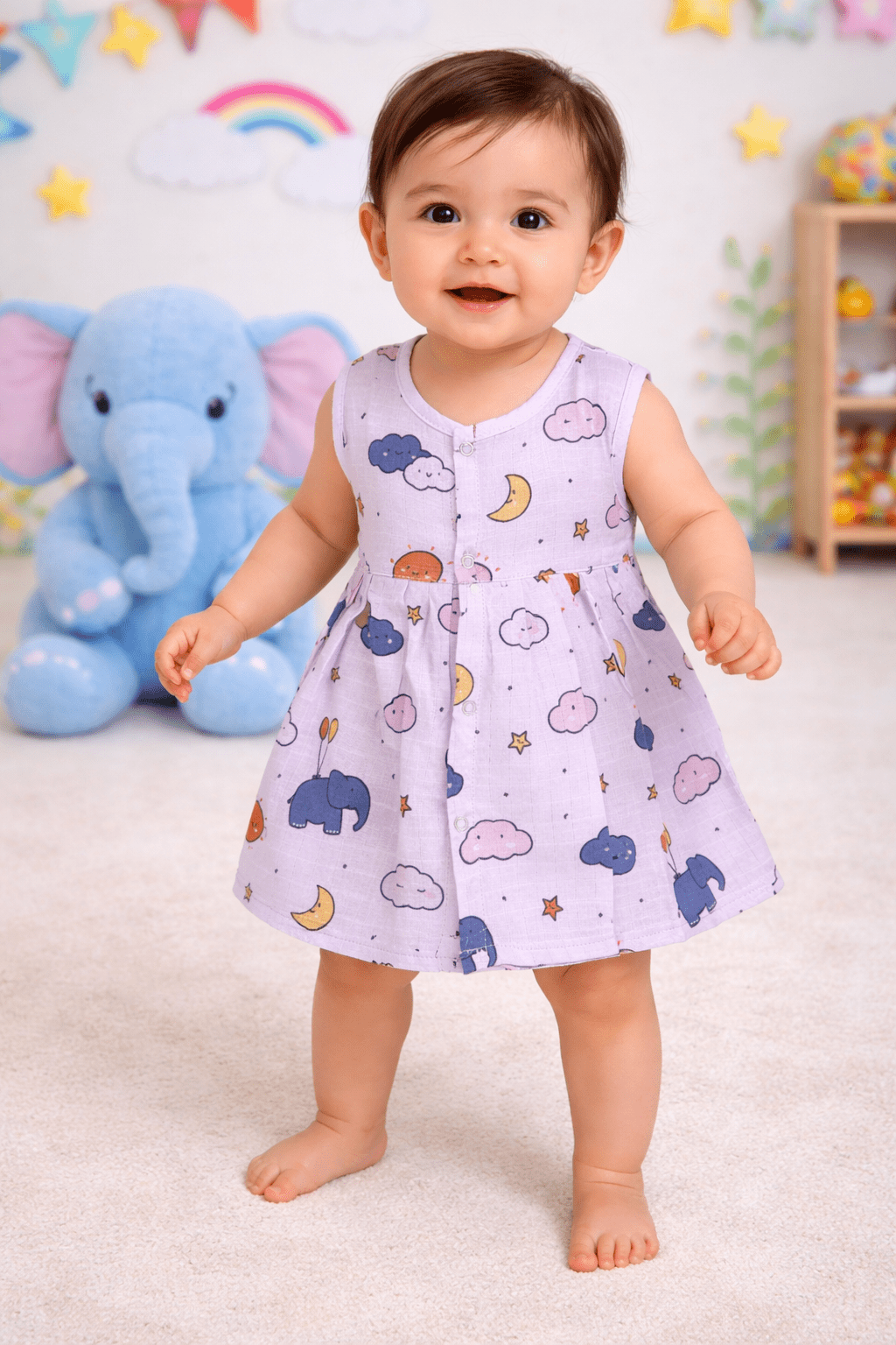 Muslin Front Open Frock - Elephant Print - momndada