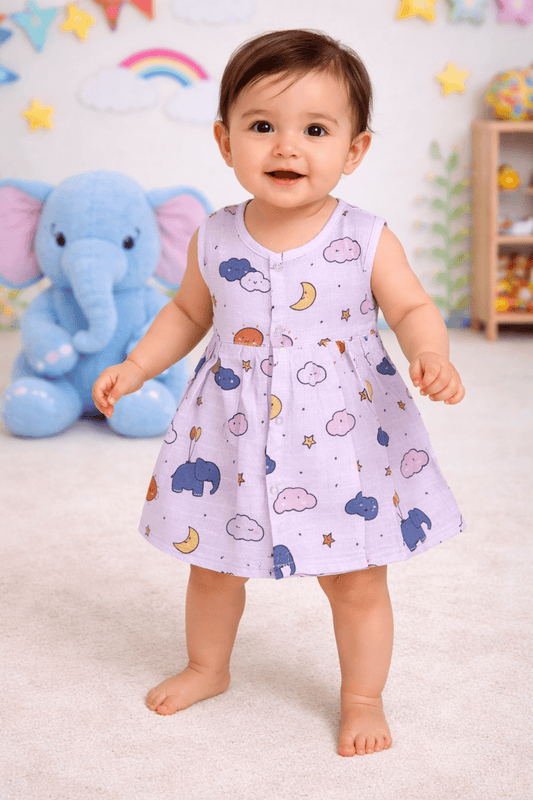 Muslin Front Open Frock - Elephant Print - momndada