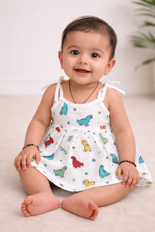 Muslin Knot Frock - Dino Print - momndada