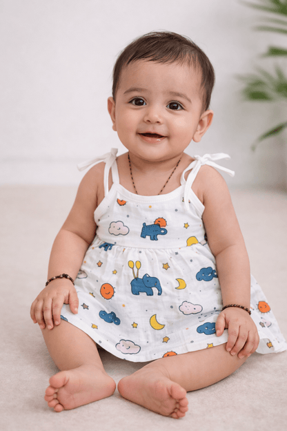 Muslin Knot Frock - Elephant Print - momndada
