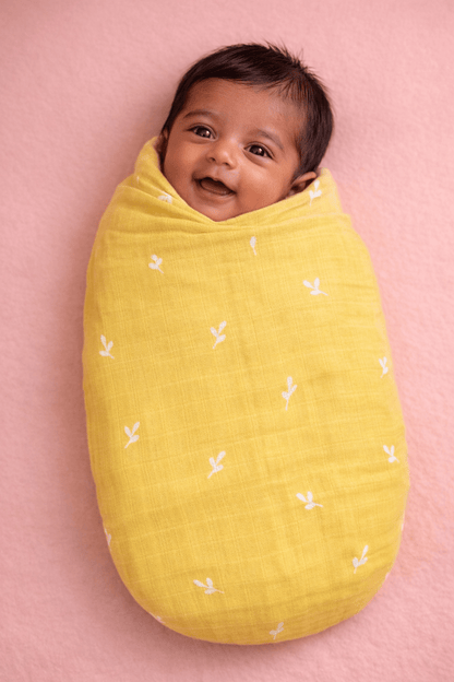 Muslin Swaddle - Mustard Yellow Print - momndada