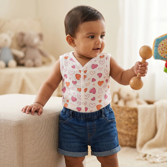 Muslin Button Jabla- Pink Heart print