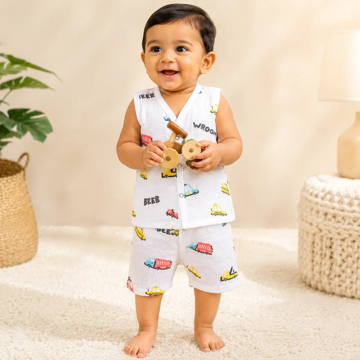 Muslin Sleeveless Co-ord Set - Wroom car  Print