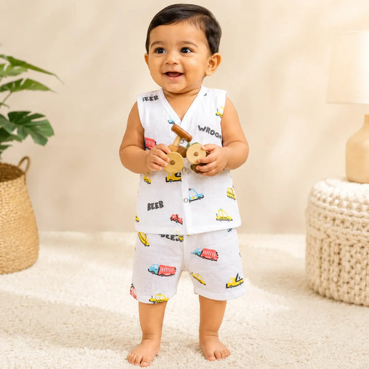 Muslin Sleeveless Co-ord Set - Wroom car  Print