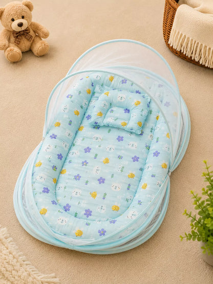 Muslin Baby Net Bed with Mosquito Net | Bee print (Upto Above 1 year)