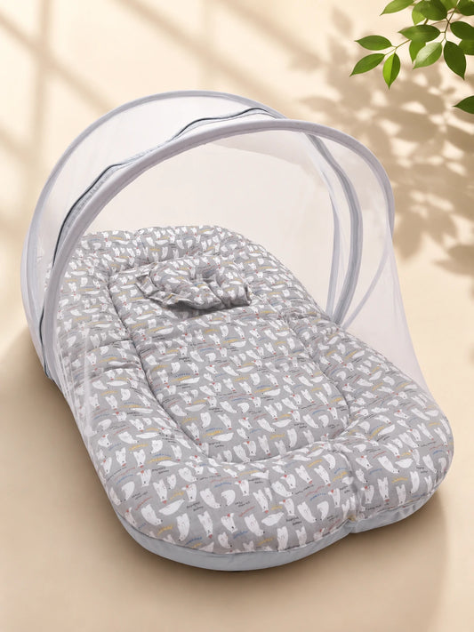 Muslin Baby Net Bed with Mosquito Net | Polar Bear print (Upto Above 1 year)
