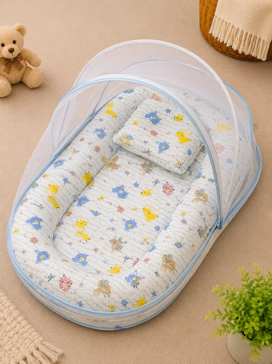 Muslin Baby Net Bed with Mosquito Net | Blue Bird Prints (Upto Above 1 year)