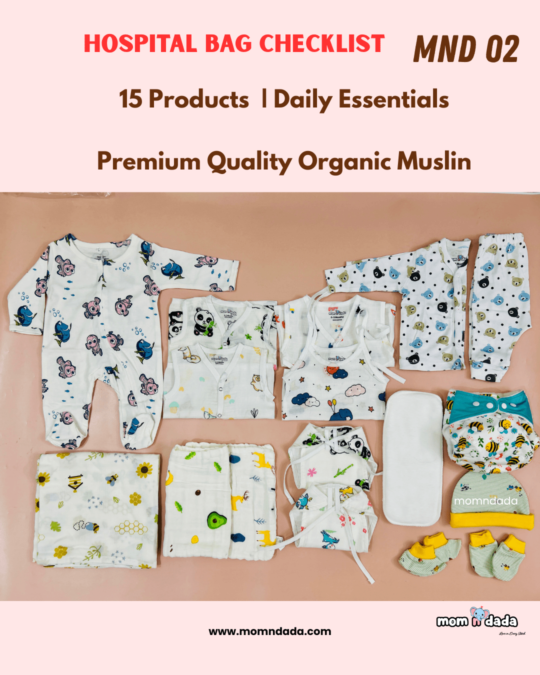Newborn Hospital Bag Kit | 15 Essential Items | Organic Muslin - momndada