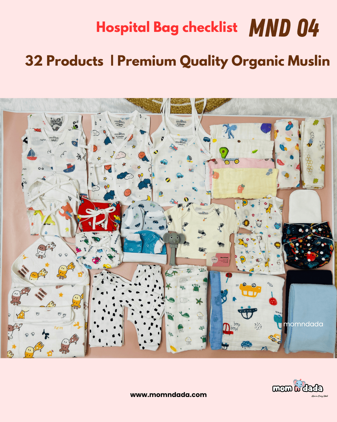 Newborn Hospital Bag Kit | 32 Essential Items | Organic Muslin - momndada